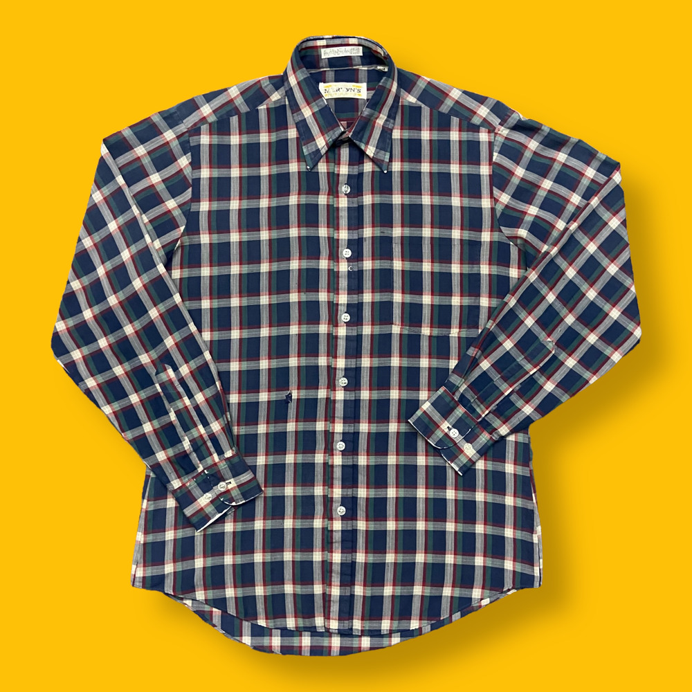 Vintage 70s Plaid Shirt Long Sleeve Button Down Mervyns Blue Medium